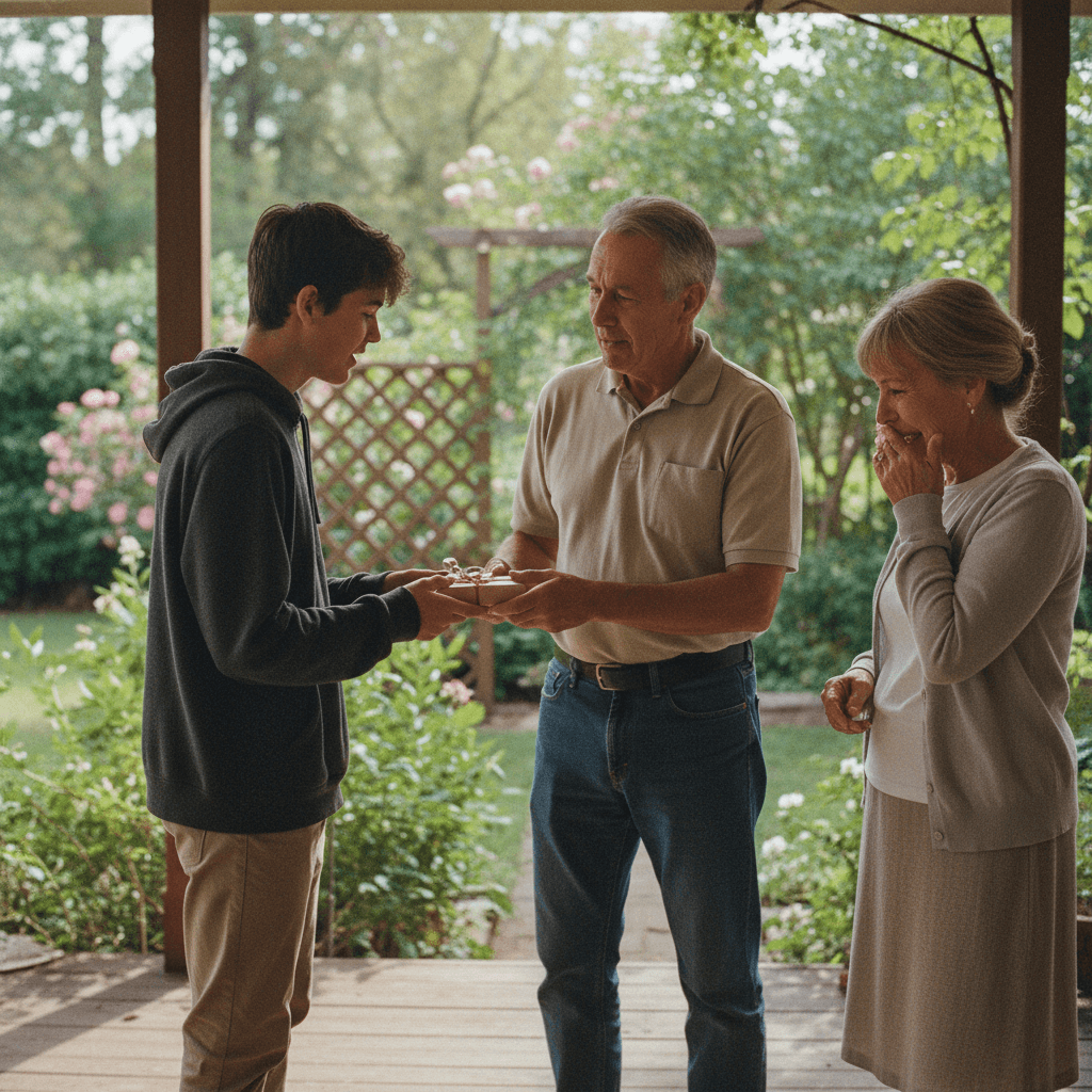 Großvater überreicht seinem Enkel ein Geschenk auf der Veranda — emotionaler Moment zwischen Generationen
