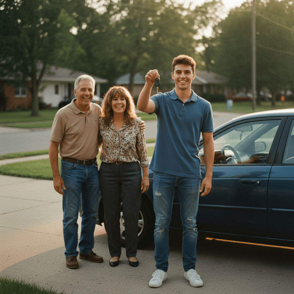 Enkel hält stolz seinen Autoschlüssel hoch — Führerschein durch Großeltern-Sparplan finanziert