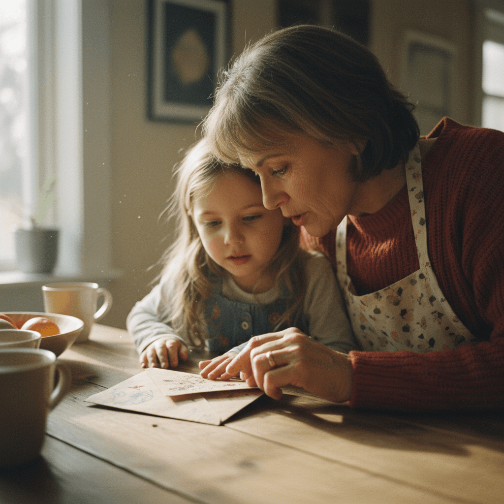 Großmutter zeigt ihrer Enkelin am Küchentisch eine Karte — Schenkung an Enkel mit Vertrauen und Liebe