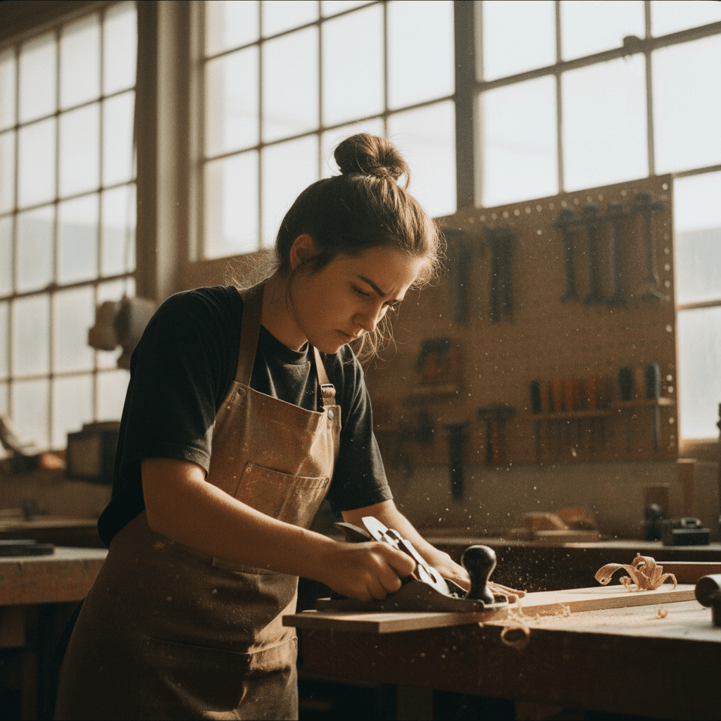 Junge Auszubildende arbeitet konzentriert an einer Werkbank