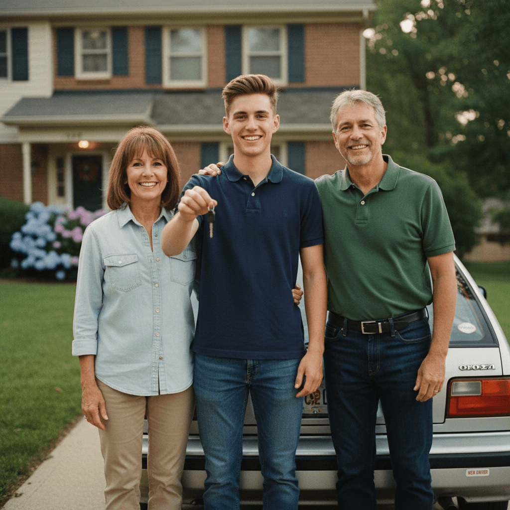 Junger Mann hält stolz einen Autoschlüssel, neben ihm stehen seine lächelnden Großeltern