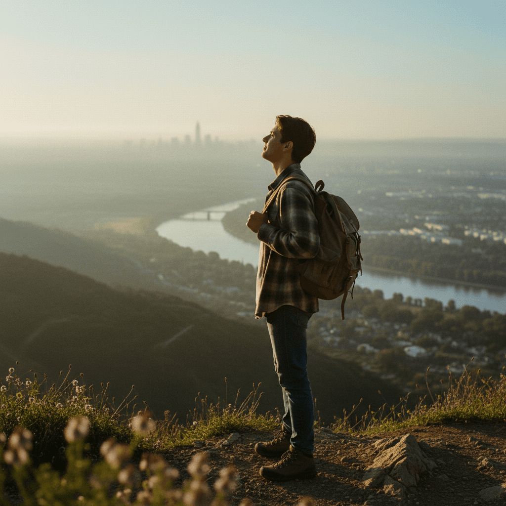 Junger Mensch blickt von einem Aussichtspunkt optimistisch in die Ferne