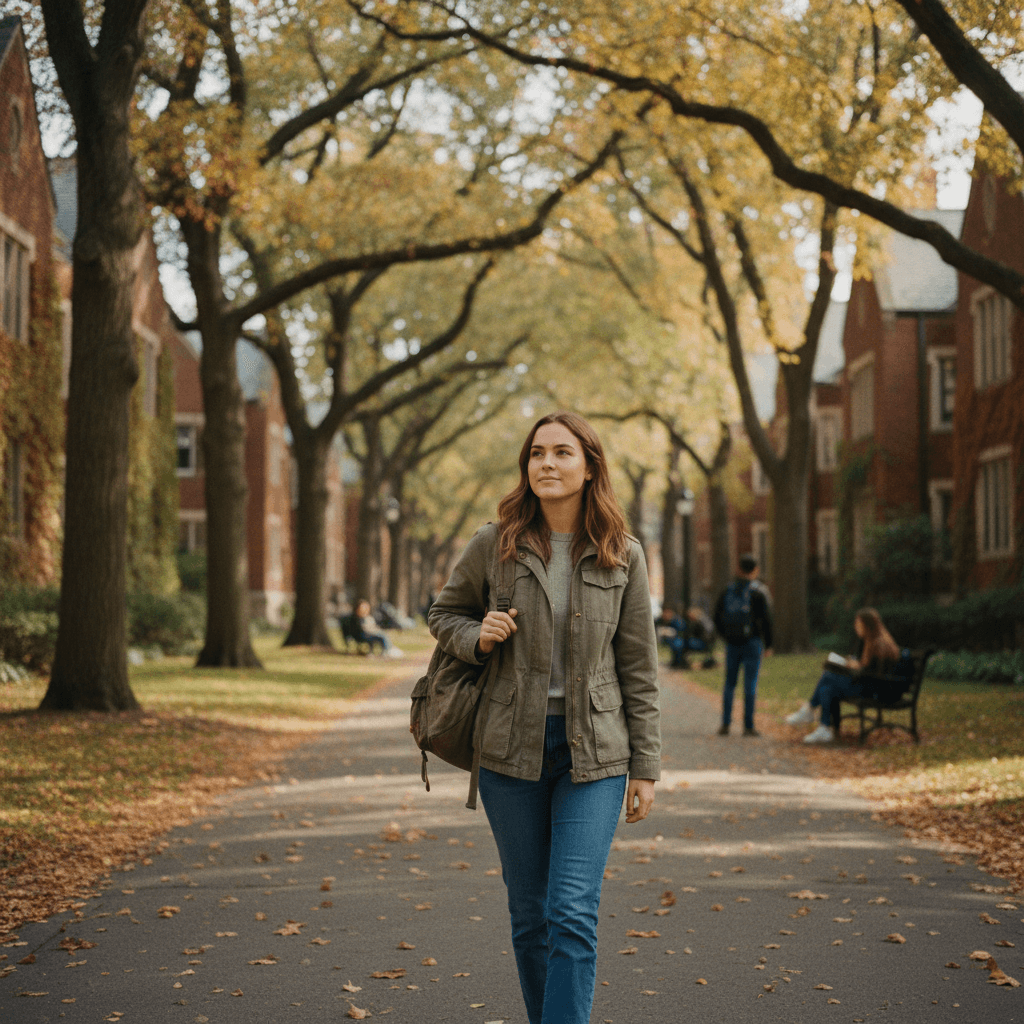 Junge Frau mit Rucksack vor einem Universitätsgebäude an einem sonnigen Tag