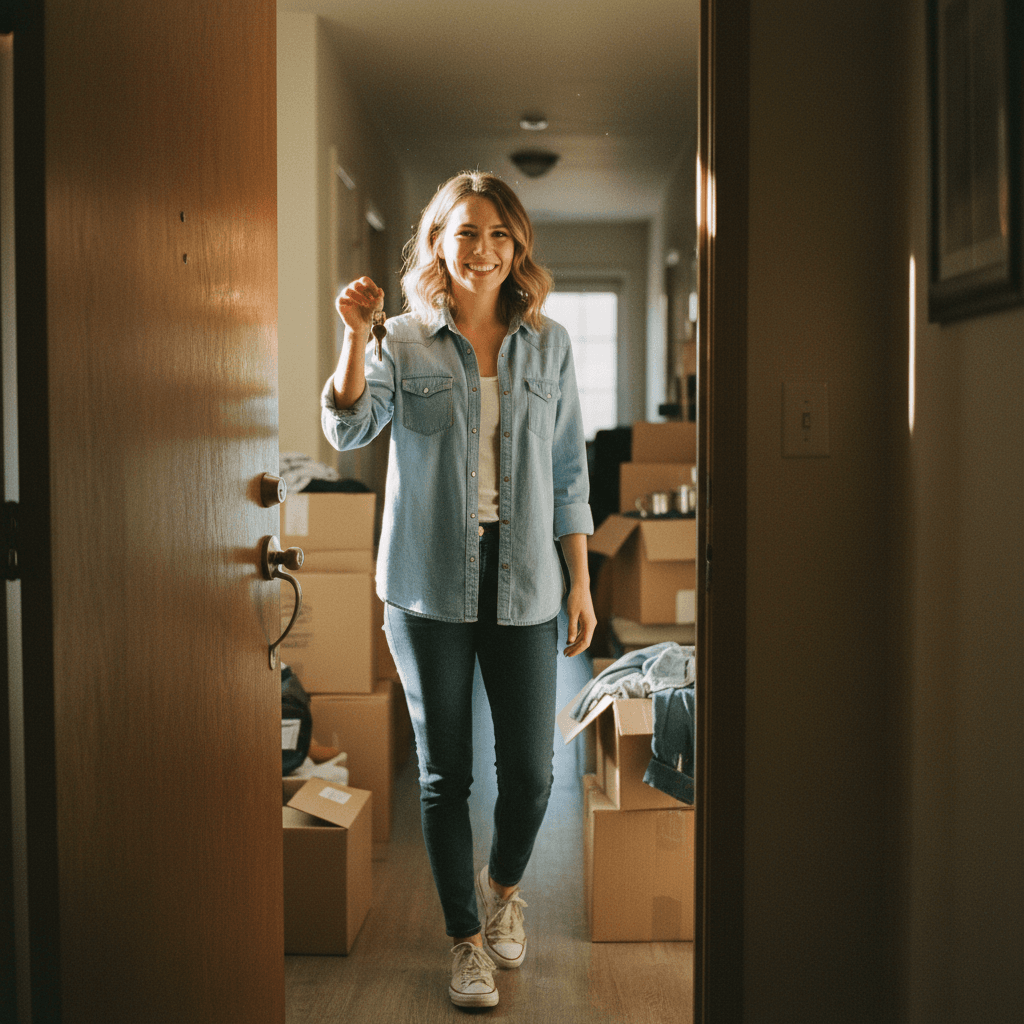 Junge Frau öffnet die Tür zu ihrer ersten eigenen Wohnung — Umzugskartons im Hintergrund