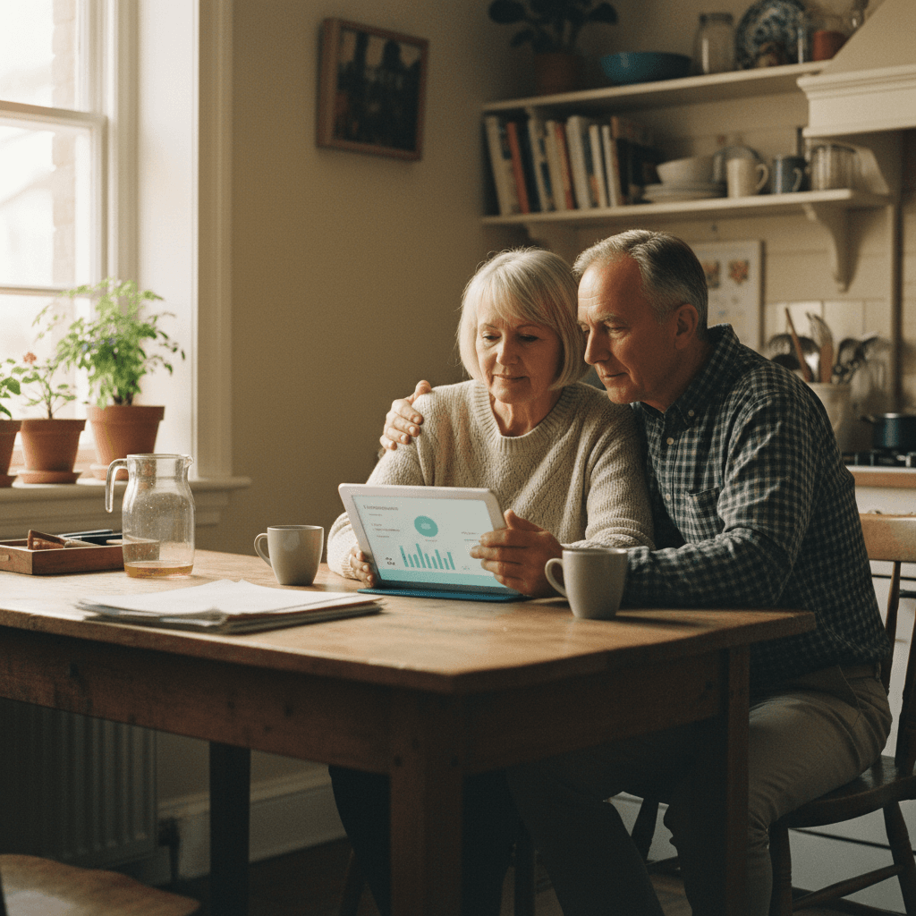 Großeltern planen gemeinsam am Tablet die Sparrate für den Enkelfonds