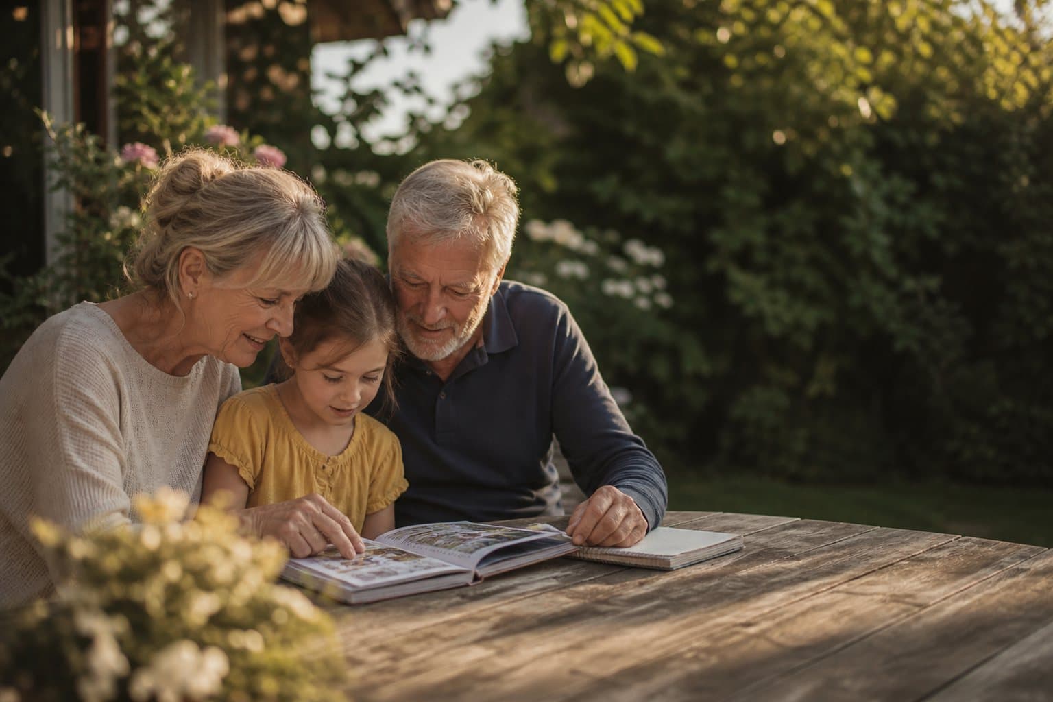 Großeltern lesen mit ihrer Enkelin im Garten ein Bilderbuch