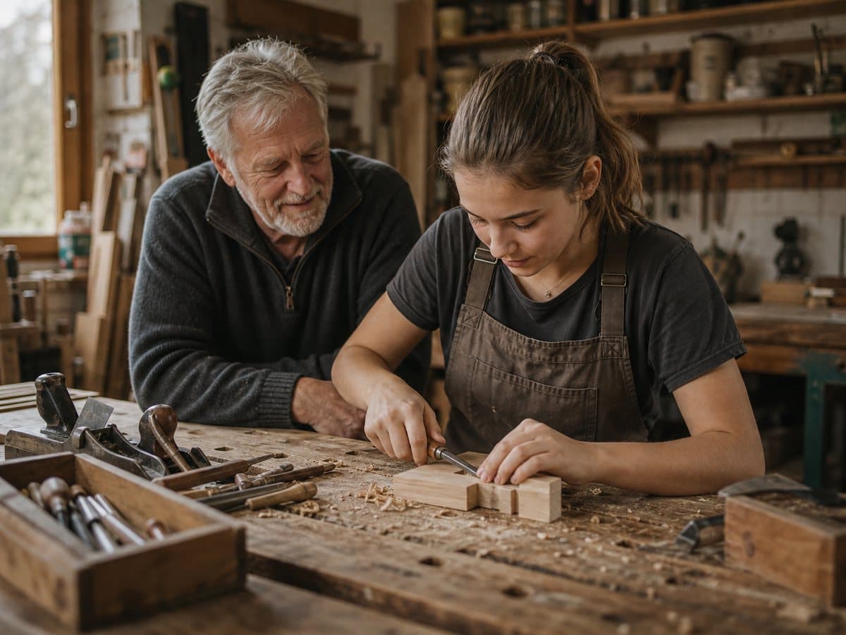 Auszubildende arbeitet mit ihrem Großvater an einer Werkbank