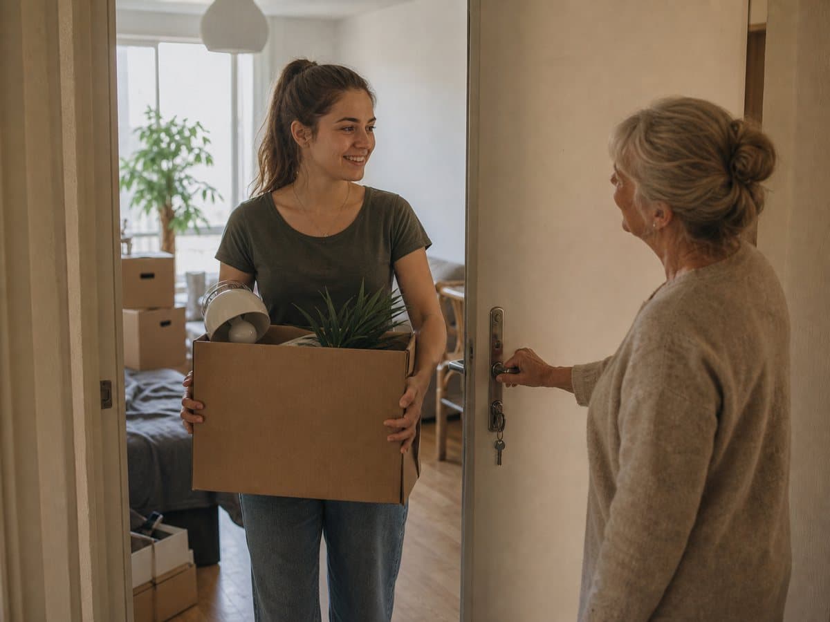 Junge Frau zieht mit Hilfe ihrer Großmutter in die erste Wohnung